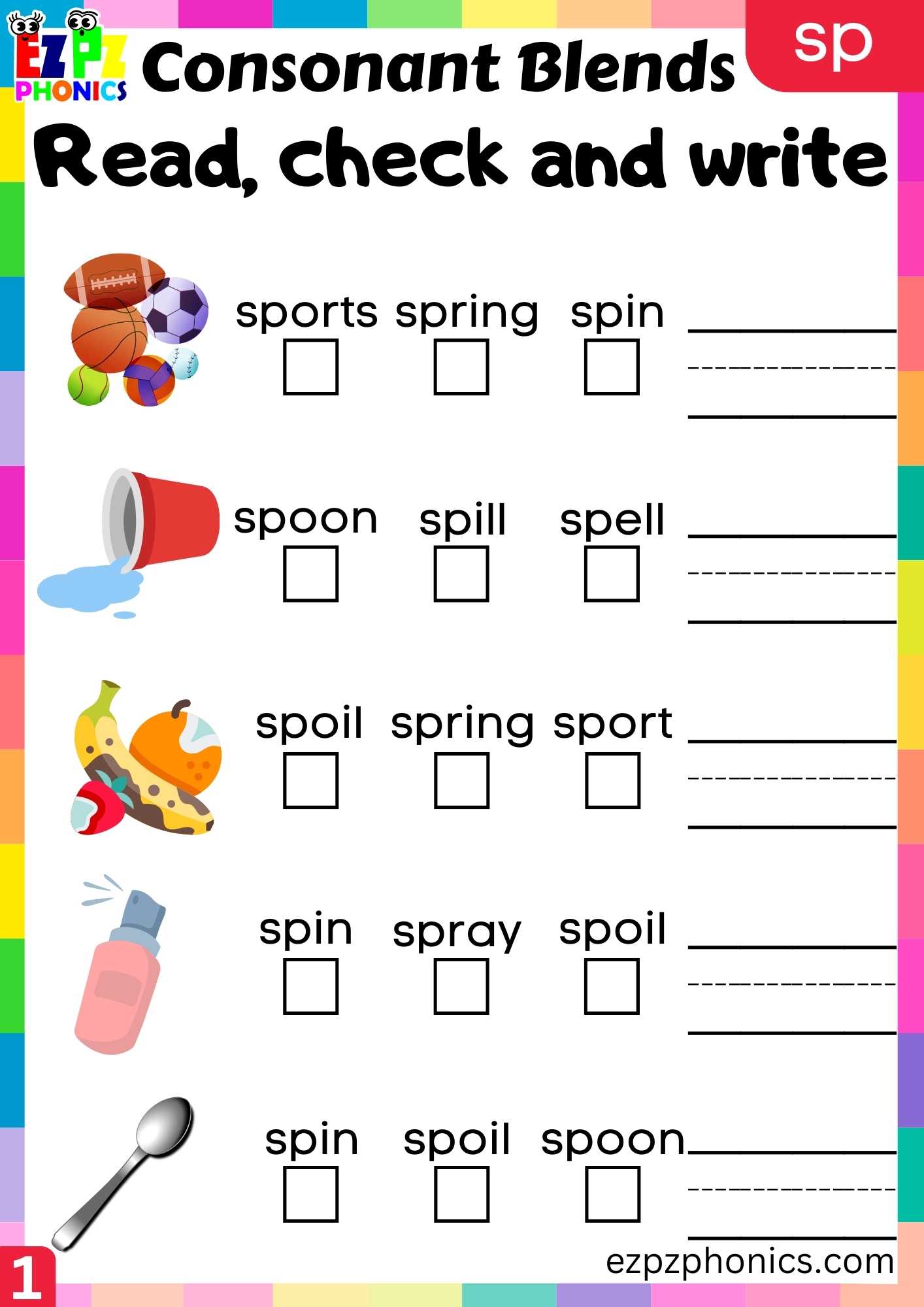 Group1 SP Words Read, Check And Write Phonics Consonant Blends Worksheet